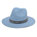 Close-up of blue straw fedora hat featuring black band with silver square metal studs - M (56-58cm) / Sky Blue