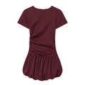 Short sleeve burgundy mini balloon dress with pleated waist and bubble hem design - XS / Burgundy