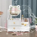 Weißer Katzenohr Kosmetik-Organizer mit Spiegel und Schubladen für Make-up - Einseitiger Runder Spiegel