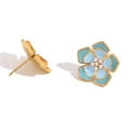 Golden flower earrings with blue enamel petals and small pearl center detail - Petal Stud Earrings (Double Blue)