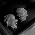 Irregular silver textured stainless steel earrings on black velvet jewelry box - Silver Radial Texture Fan