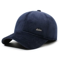Men's dark blue corduroy winter baseball cap with ear protection and metal fashion badge - Adjustable / Navy Blue