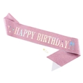 Pink glitter Happy Birthday sash set with holographic text and gold safety pin - Set / Pink Sash