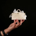 Elegant beige triangle wedding favor box with wooden ring and sheer fishtail gauze bow - New Beige Box + Gold-trimmed Fishtail Gauze / Small Size (do Not Use Wooden Rings)