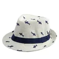 Classic cream straw Panama hat with blue shark prints and ribbon trim on white background - Kids (52-54cm) / Off White