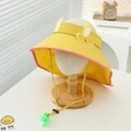 Detail of yellow kids sun hat with pink rabbit ears, mesh fabric, and smiley chin strap - 52-54cm (3-8 Years) / Yellow