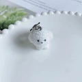 White flocked resin poodle dog keychain with silver ring on ceramic pearl plate - Blushed Style 4