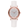 Dettaglio dell'orologio in oro rosa con quadrante in cristallo e numeri romani - Bianco