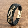 Handmade multilayer black leather bracelet for men with golden horseshoe buckle and zircons - Style-6 (Gold Clasp/Clear Zirconia)