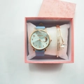 Women's light blue quartz watch and star charm bracelet set in a pink gift box - Watch + Bracelet + Box / Sky Blue