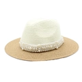 Detailed macro view of delicate faux pearls on a two-tone straw Panama fedora hat - M (56-58cm) / Cream White + Khaki