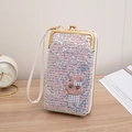 Pink and blue sequin crossbody bag with a cute knitted bunny doll and gold metal clasp - Purple