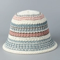 Close-up detail of multi-color striped crochet knit bucket hat with soft summer texture - M (56-58cm) / White
