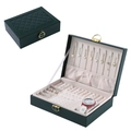 Deep green leather jewelry box with diamond quilted top, gold lock, and multi-tier storage - Rhombic Single Layer / Dark Green