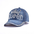Blue denim baseball cap with Queen rhinestone design and silver studs in a side view - 22-Queen Rhinestone-Medium Blue