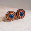 Retro geometric round earrings with blue resin patterns and gold-tone metal edges - Silver Earring Post-Blue