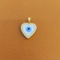 Golden heart pendant with zircons and blue evil eye inlay on brown leather - 16-Gold Heart MOP Blue Eye