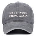 Detail of white Make Lying Wrong Again embroidery on washed dark grey baseball cap - One Size / Gray