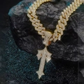 Collana a catena cubana dorata con ciondolo a croce e spada su roccia scura - 45cm-18 pollici + Ciondolo / Oro