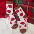Thick coral fleece Christmas socks featuring white base with cute red strawberry patterns - One Size / Strawberry on White
