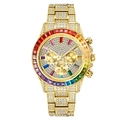 Gold luxury watch with rainbow gemstone bezel and diamond-encrusted dial and strap - Gold Multicolor