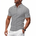 Close-up of gray men's polo shirt featuring vertical textured knit fabric and white buttons - S / Tops / Light Gray