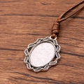 Antique silver zinc alloy pendant with 18x25mm oval bezel and brown PU cord - Lace Texture Oval Base Style