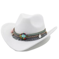 Chapeau de cowboy en laine blanche avec pierre turquoise et ruban ethnique à franges - Blanc