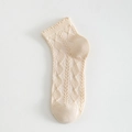Beige cotton ankle socks with knitted cable pattern and delicate ruffled lace trim - One Size / Beige