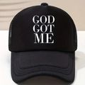 Classic black trucker hat with white GOD GOT ME print and breathable mesh back panel - One Size / Black