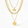 Gold-plated triple-layered necklace featuring sunburst and hammered coin pendants - Gold Necklace (C762)