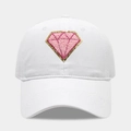 Casquette de baseball en coton blanc avec patch diamant rose et broderie pailletée dorée - Réglable / Blanc
