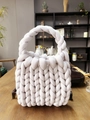 Handmade chunky knit bag in lilac cotton yarn with thick woven texture and top handle - Beige (Finished)