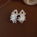 Macro shot of elegant white shell flower earrings with crystal accents and golden metal base - Gold-White (10# Silver Pin)