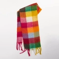 Écharpe épaisse en laine à carreaux colorés avec franges en rouge jaune et bleu vif - Carreaux Multicolores Vifs (Style R)