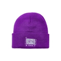 Detail of purple knitted beanie featuring white anime girl embroidery and Japanese text - M (56-58cm) / Dark Purple