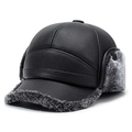 Professional winter men's lychee grain leather baseball cap with thick grey fur earflaps - Black With Grey Fur