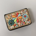 Bohemian black leather card holder with colorful bead embroidery and gold floral accents - No.40 (Triple Flowers)
