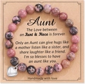 Pink and black marble natural stone beaded bracelet with silver heart charm on gift card - Rhodonite + Aunt Card
