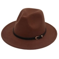 Detail of dark brown wool felt jazz hat featuring a black leather band and gold buckle - M (56-58cm) / Coffee (Black Leather Band)