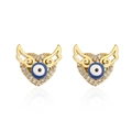 Detail of 18K gold-plated wing earrings featuring a blue evil eye and sparkling zircons - Winged Heart Blue Evil Eye