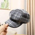 Grey plaid newsboy cap featuring a black leather band and gold bow buckle detail - M (56.5-58.5cm) / Grey (Butterfly Buckle)