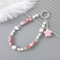 Pink and white beaded phone charm with cherry blossom pendant and silver heart - Pearl & Crackle Bead Charm - Pink (K3316)