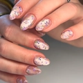 Elegant purple flower almond press-on nails with shimmering pearlescent base and glitter - Bz1421 Purple Ganoderma Eyebrows / Jelly Glue + Nail File