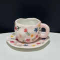 Irregular pink ceramic mug and saucer set with hand-painted floral tulip patterns - Pink Multi-flower Cup & Saucer