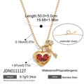 Goldene Edelstahlkette mit Herz- und Schlüsselanhänger sowie roten Edelsteinen - Rotes Herz Strass Schlüssel Anhänger Kugelkette Stil (JDN0111127)