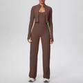 Dettaglio completo completo yoga a costine con giacca, canotta e pantaloni larghi - S / Marrone castagna