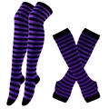 Detail view of purple and black striped over-knee socks and matching arm warmers set - One Size / Purple and Black Fine Striped