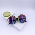 Kids round black sunglasses with colorful rhinestone decor and dark purple lenses - Black Frame Grey Lens