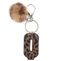 Brown leopard print alphabet leather keychain with soft plush ball and silver ring - Leopard Letter Q